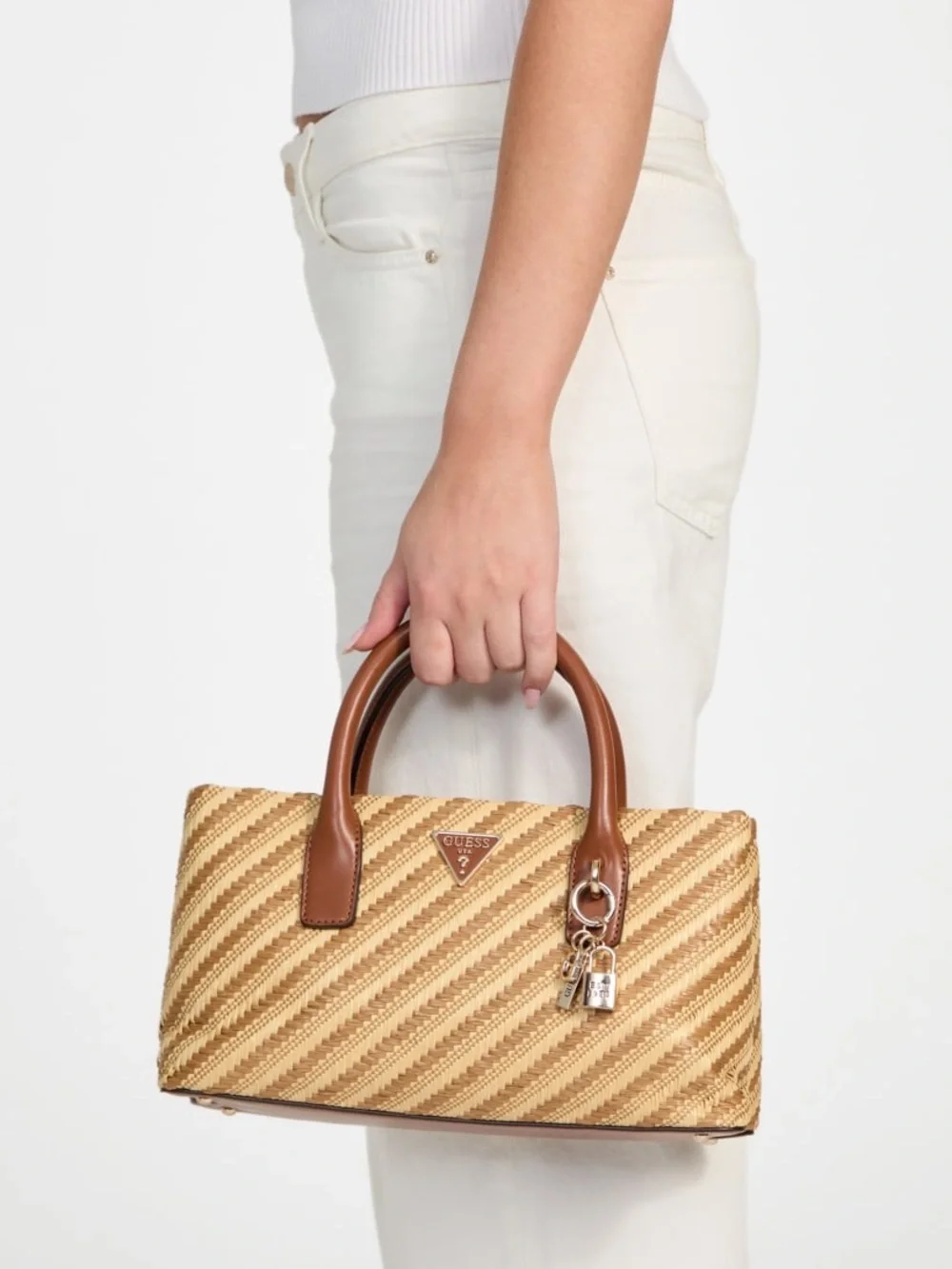 New GUESS Brown and Tan Woven Satchel with Gold Charm